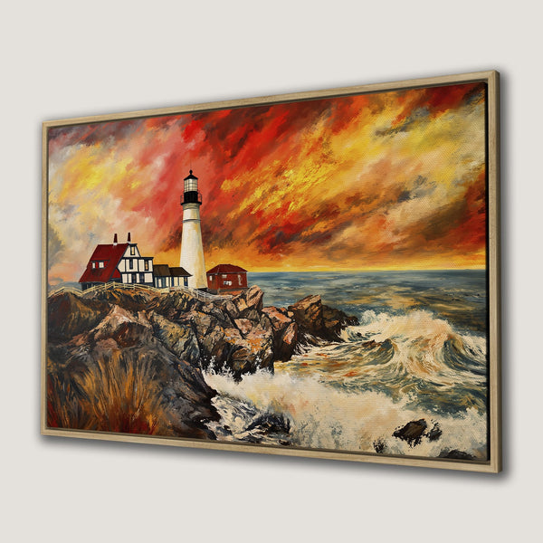 Framed Wall Art: Lighthouse painting with vibrant sunset sky. Coastal artwork in warm red, orange, and blue hues. Perfect for home decor.