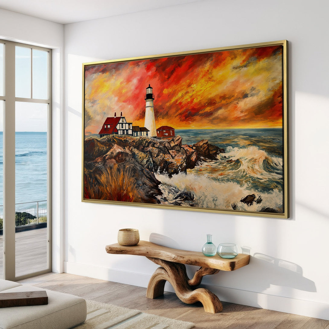 Canvas Print of a lighthouse painting with a warm, sunset color palette. Coastal wall art perfect for any home.