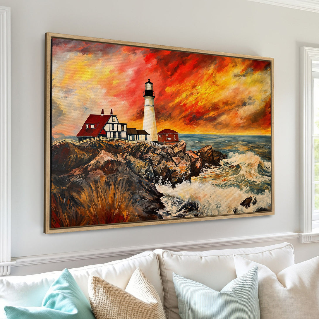 Framed Wall Art: Lighthouse painting with fiery sunset. Dramatic coastal art in warm red, orange, and yellow tones. Perfect for living room decor.