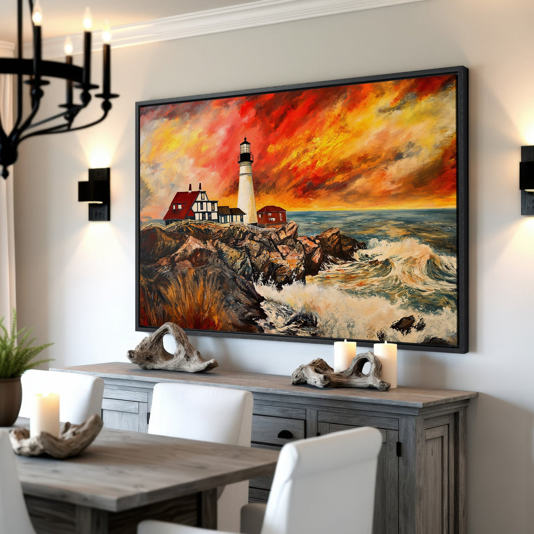 Framed Wall Art: Lighthouse painting with fiery sunset. Dramatic coastal art in warm orange, red, and blue tones. Perfect for adding a bold statement to your home decor.