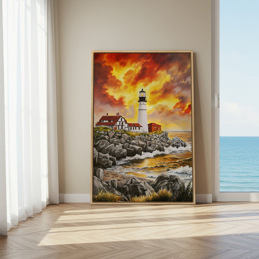 Framed Wall Art of a lighthouse at sunset. Coastal landscape painting with a warm, vibrant color palette. Perfect for adding a touch of art to your home!