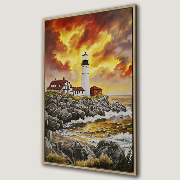 Framed Wall Art: Coastal lighthouse painting with warm sunset colors. Scenic canvas print for home decor, featuring a dramatic sky and ocean waves.