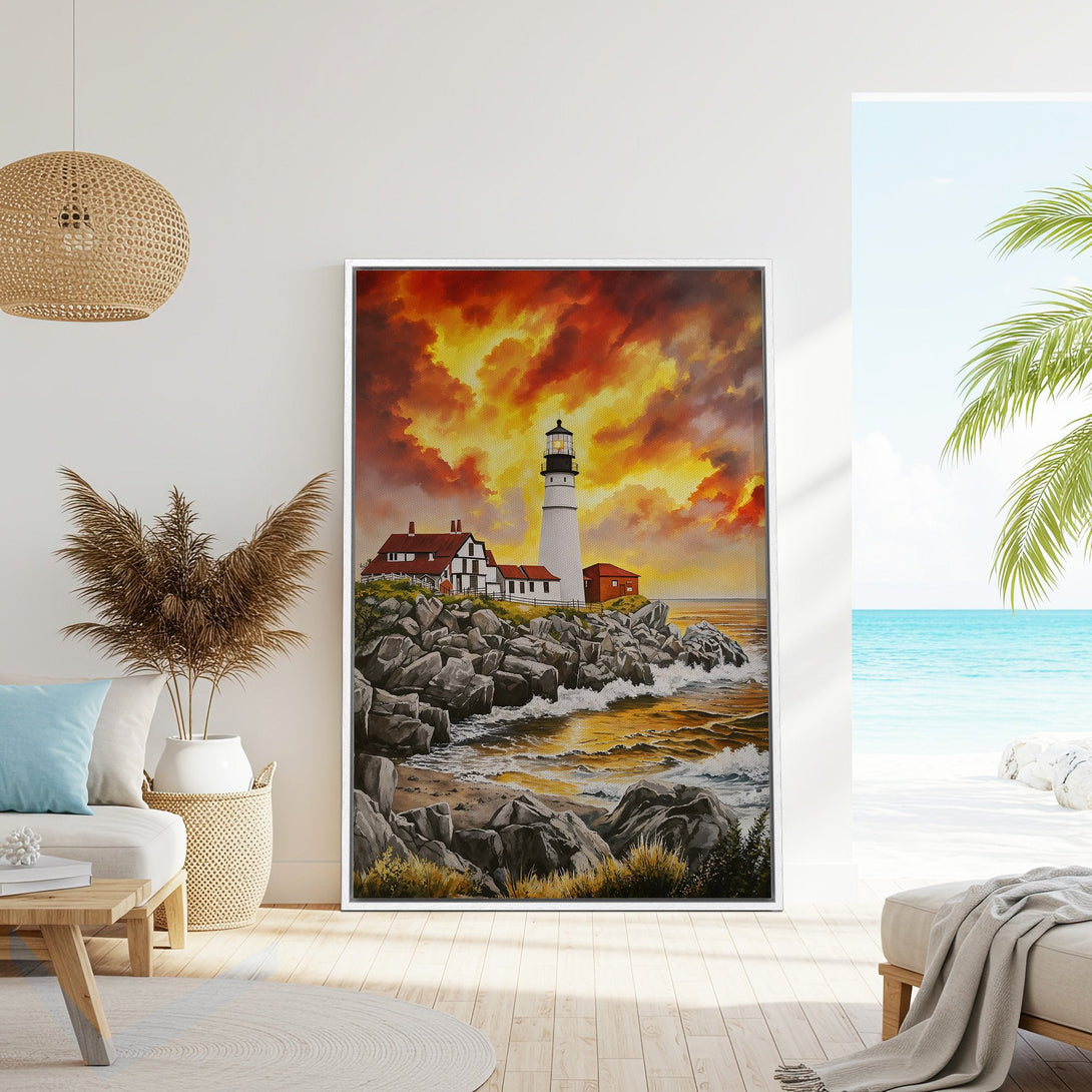 Framed Wall Art of a lighthouse at sunset. Coastal style with warm orange and gold tones. Perfect for adding a touch of serenity to your home.