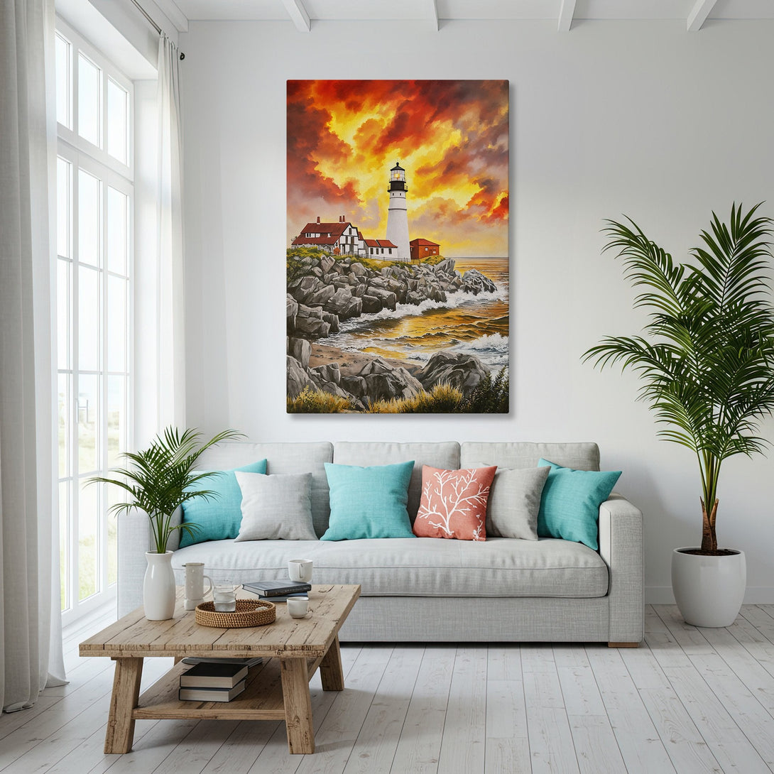 Framed Wall Art: Lighthouse painting with vibrant sunset colors. Coastal decor in a modern living room, featuring a gold frame and blue/orange palette.