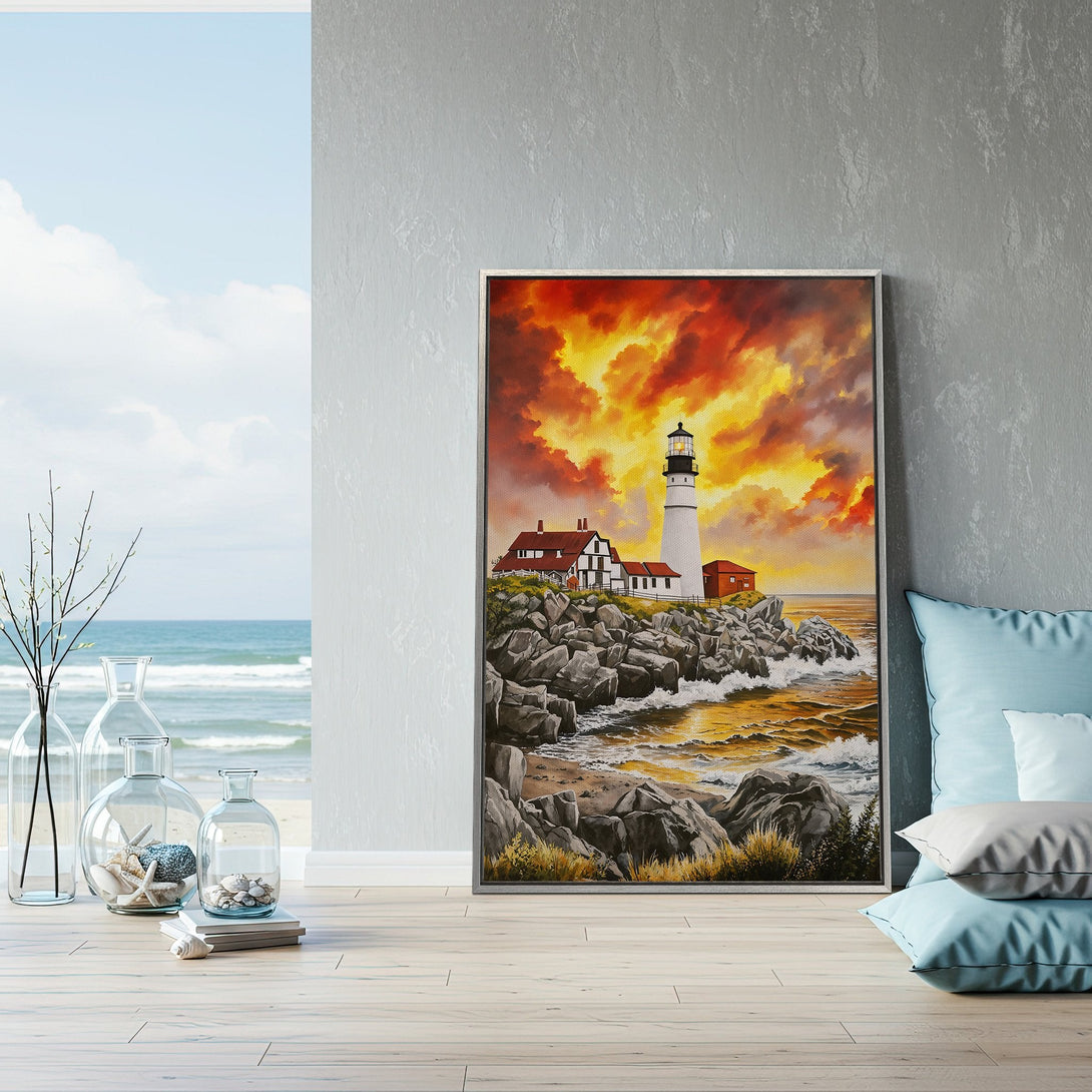 Framed Wall Art: Lighthouse painting with fiery sunset. Coastal art in warm orange, red, and yellow tones. Perfect for adding a touch of serenity to any room.