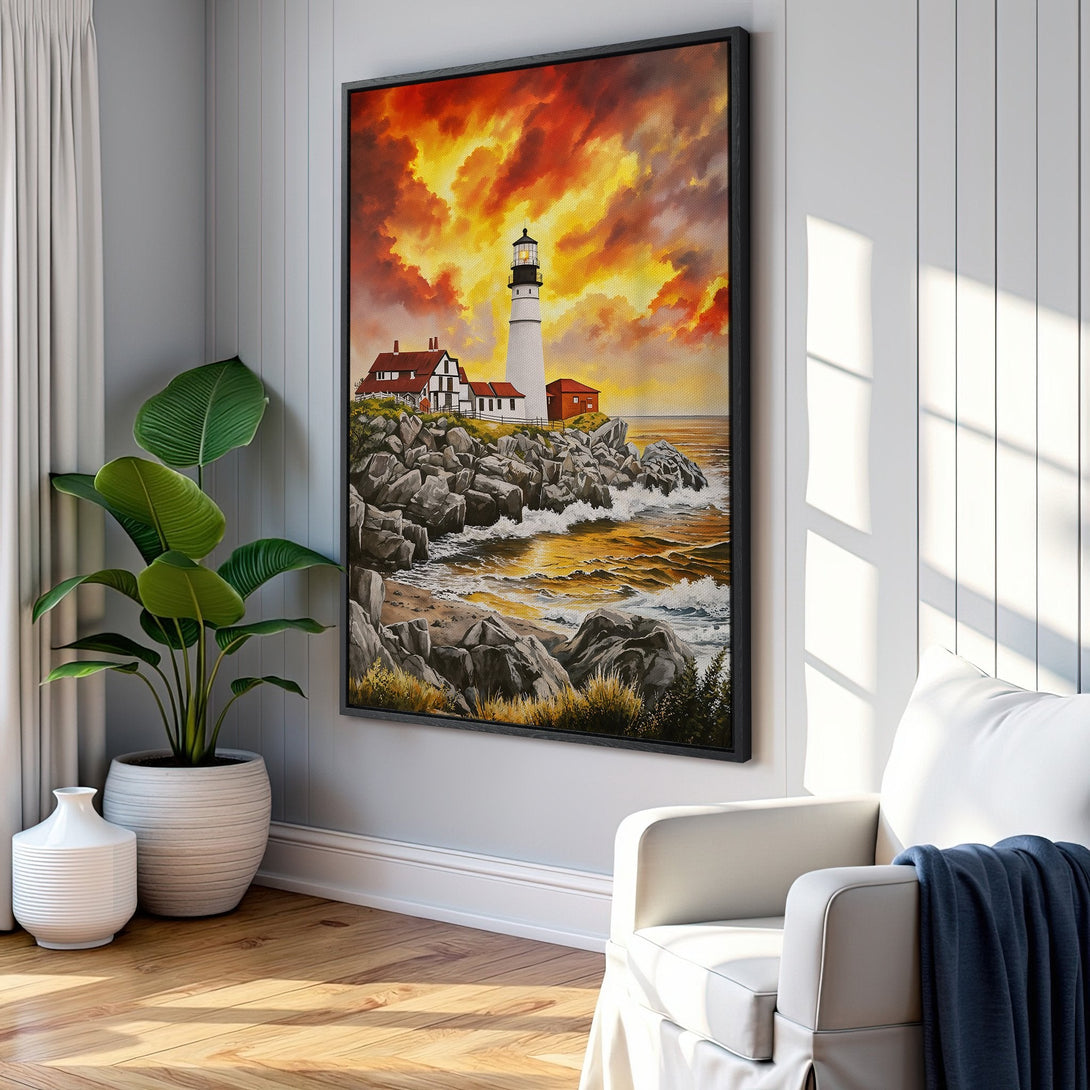 Framed Wall Art of a lighthouse at sunset. Dramatic, painterly style with warm orange, yellow, and blue tones. Perfect coastal decor for your home.