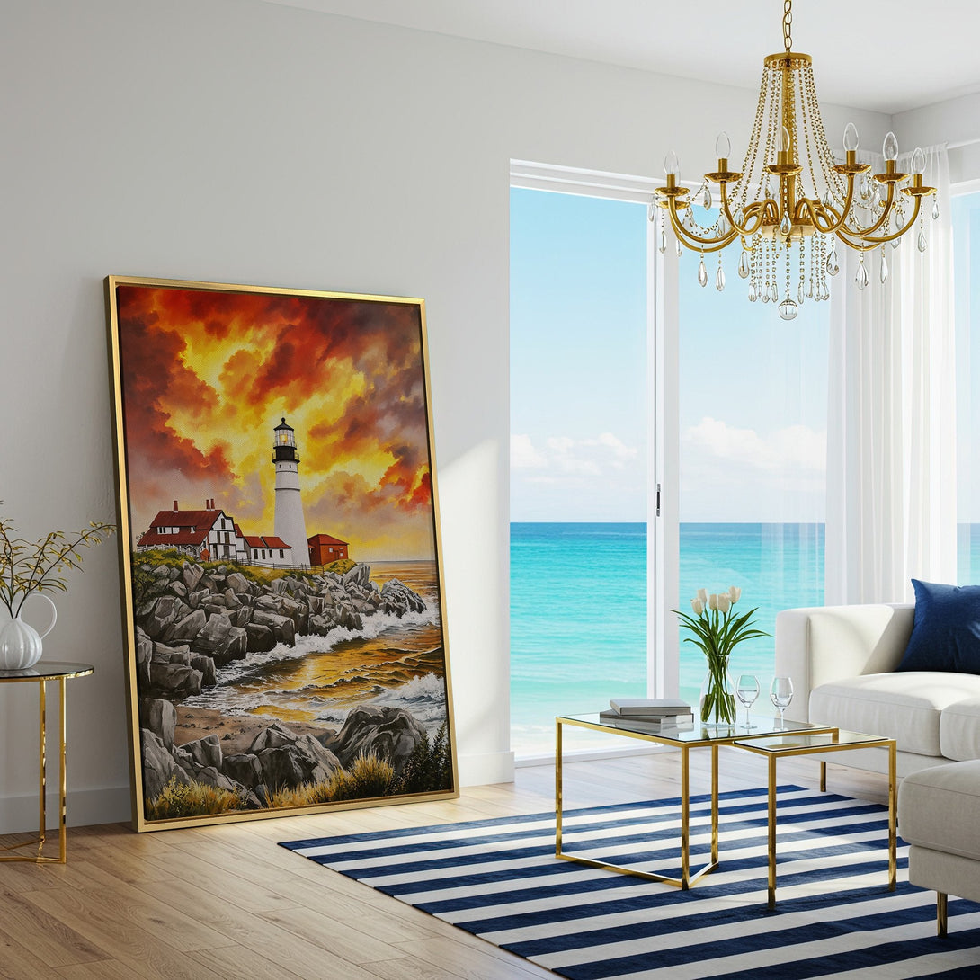 Canvas Print of a lighthouse at sunset. Coastal art with warm orange, yellow, and red hues. Perfect wall decor for a cozy living room.