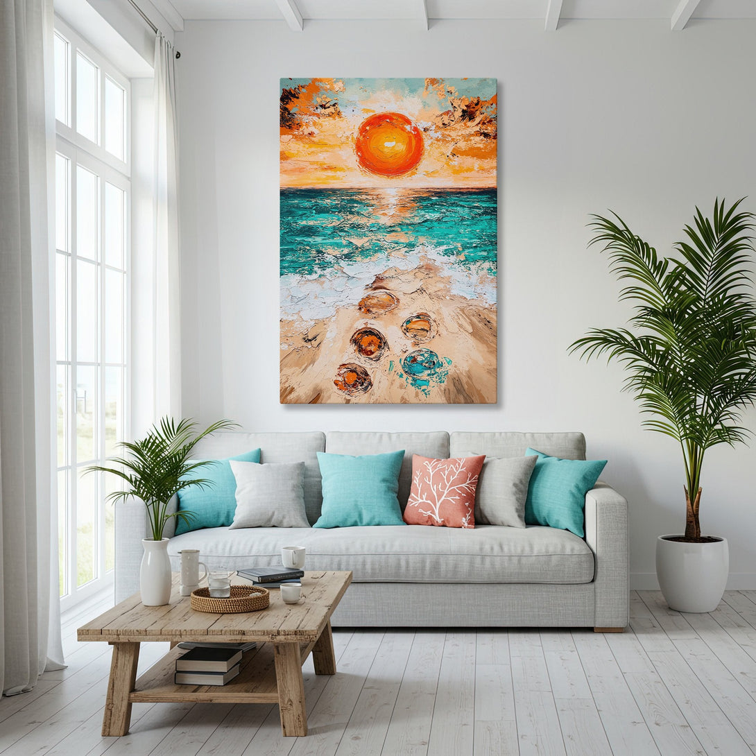 Framed Wall Art: Coastal sunset painting in a gold frame. Features vibrant blues, oranges, and teal. Perfect for adding a touch of beachy vibes to your home.