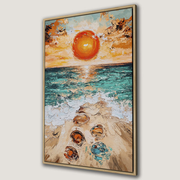 Framed Wall Art: Textured sunset beach scene in warm orange, teal, and beige tones. Modern coastal art for your home decor.