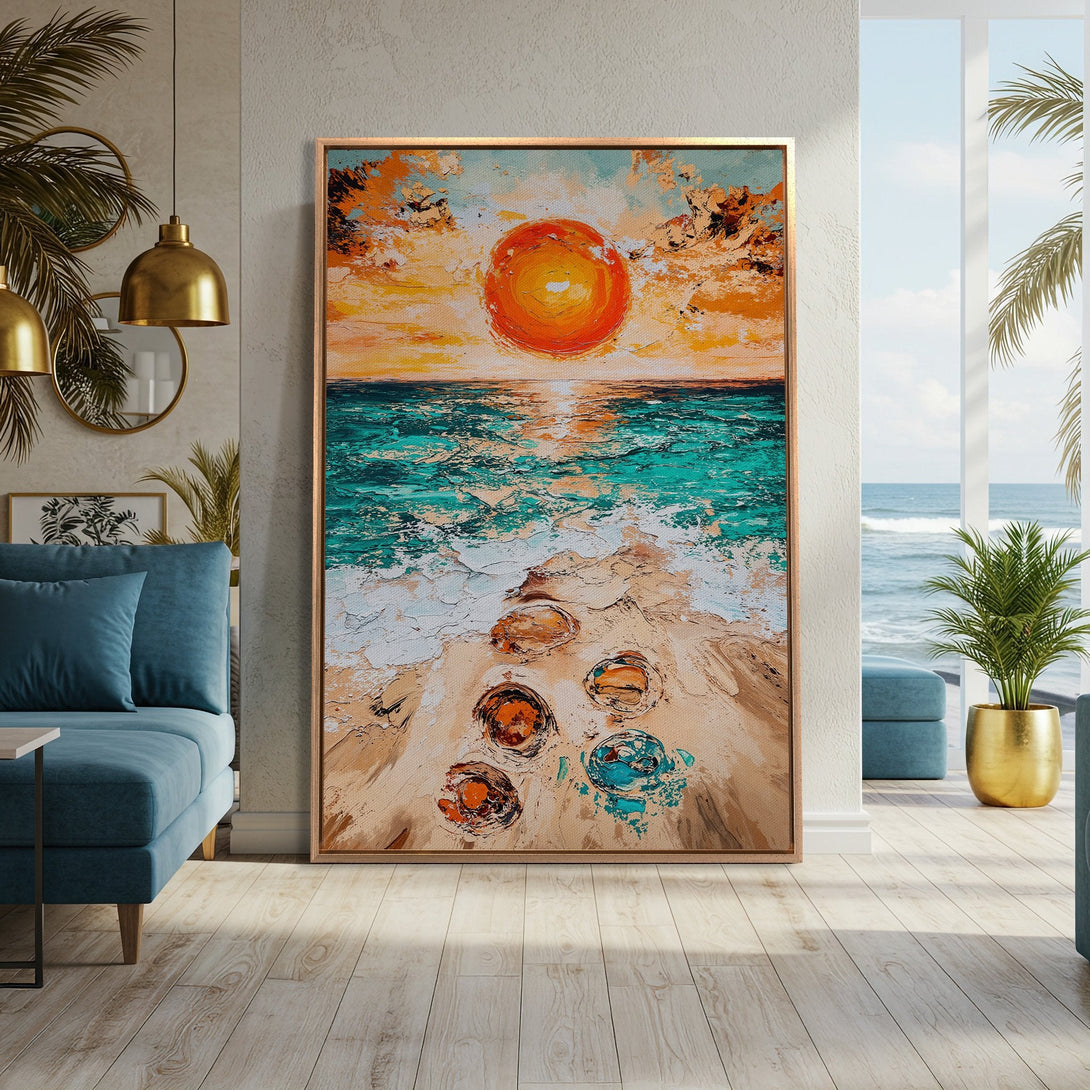 Framed Wall Art: Textured beach sunset canvas print in warm orange, teal, and beige tones. Coastal art perfect for living room decor.