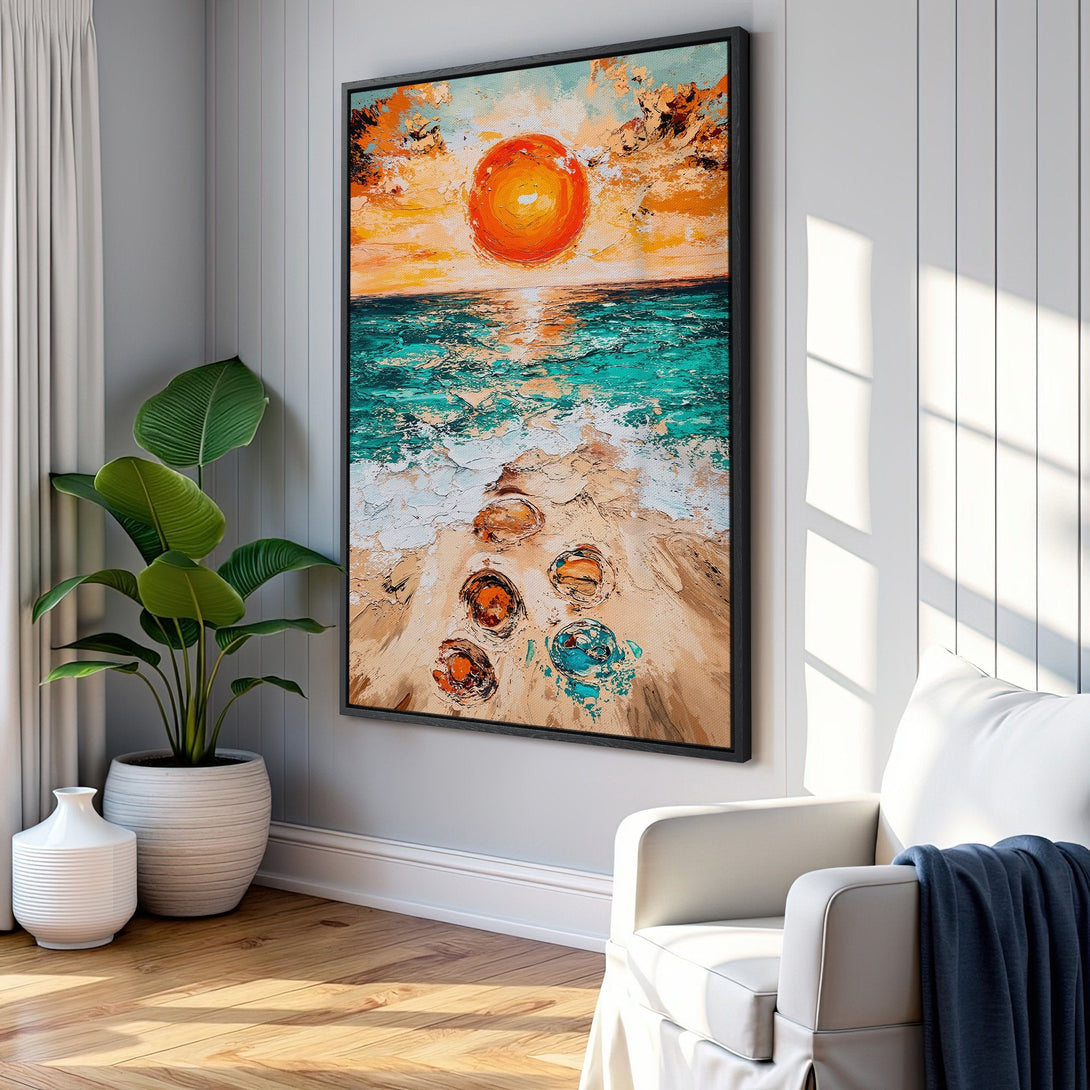 Framed Wall Art: Abstract beach scene canvas print with vibrant orange, teal, and beige colors. Perfect coastal decor for a modern living room.