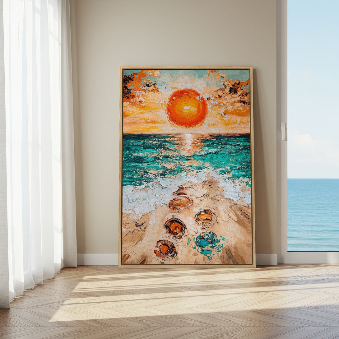 Framed Wall Art: Textured sunset beach scene in vibrant orange, teal, and white. Perfect coastal decor for your home.