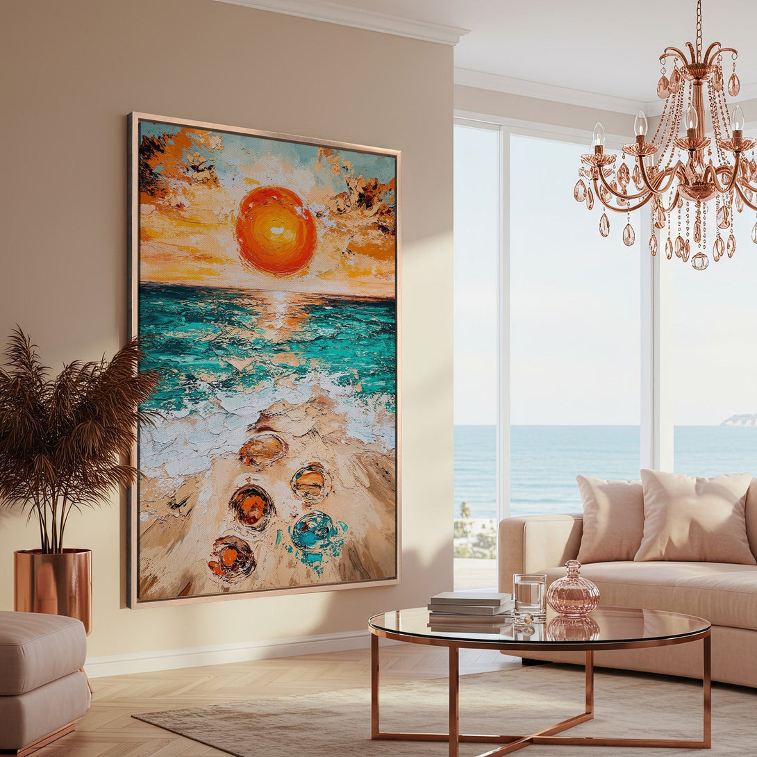 Framed Wall Art: Coastal sunset abstract painting in warm orange, teal, and beige tones. Modern art canvas print perfect for living room decor.