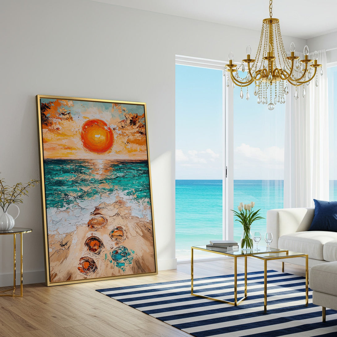 Canvas Print of a vibrant beach sunset painting in a modern living room, featuring orange, teal, and beige tones. Perfect coastal wall art!