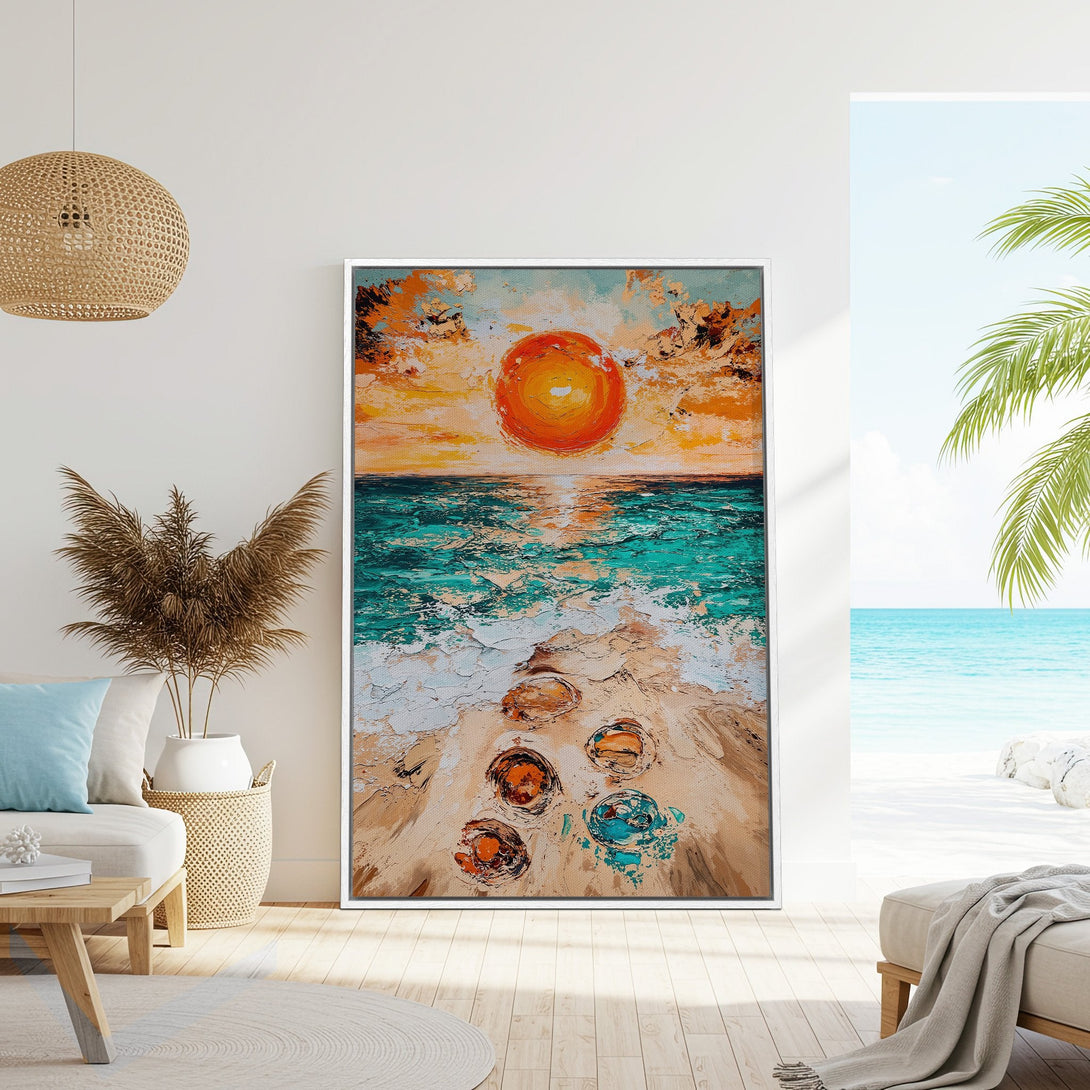 Framed Wall Art: Textured beach sunset painting in warm orange, teal, and beige tones. Coastal art for a serene living room.