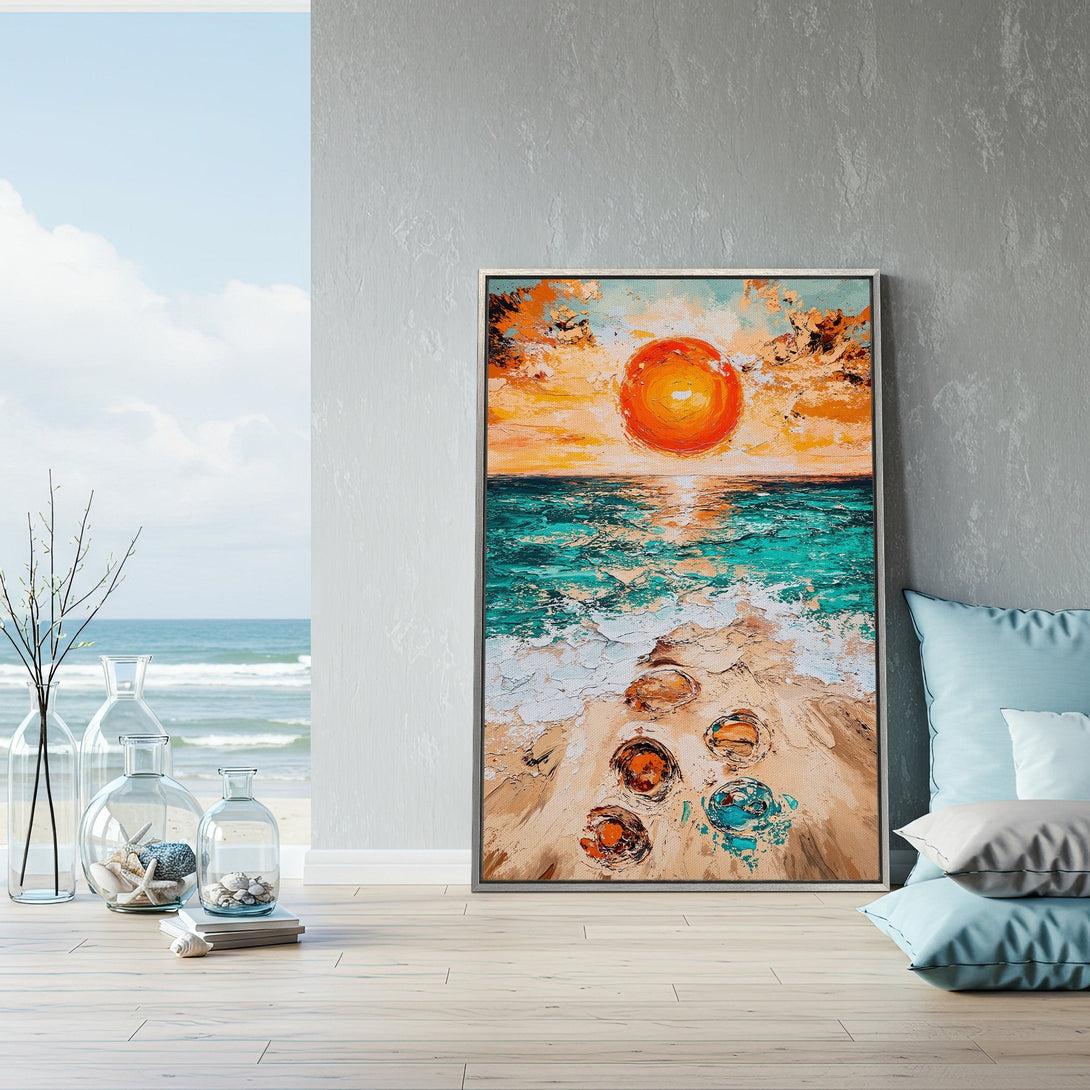 Framed Wall Art: Abstract beach scene with vibrant orange, teal, and beige tones. Coastal artwork adds a touch of warmth and style to any interior.