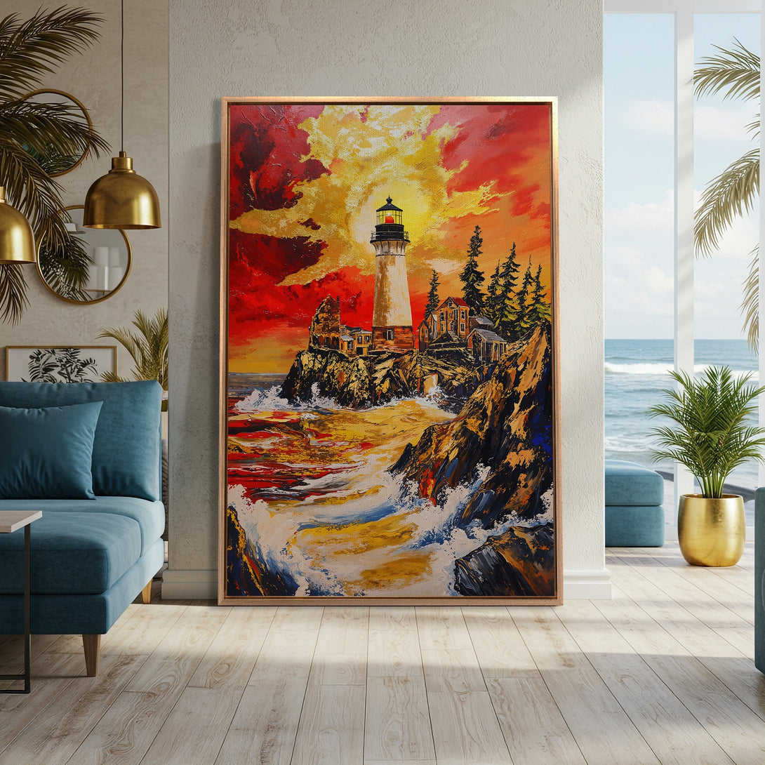 Framed Wall Art: Dramatic lighthouse painting with vibrant red, yellow, and orange sunset. Coastal landscape art adds warmth and style to any interior.