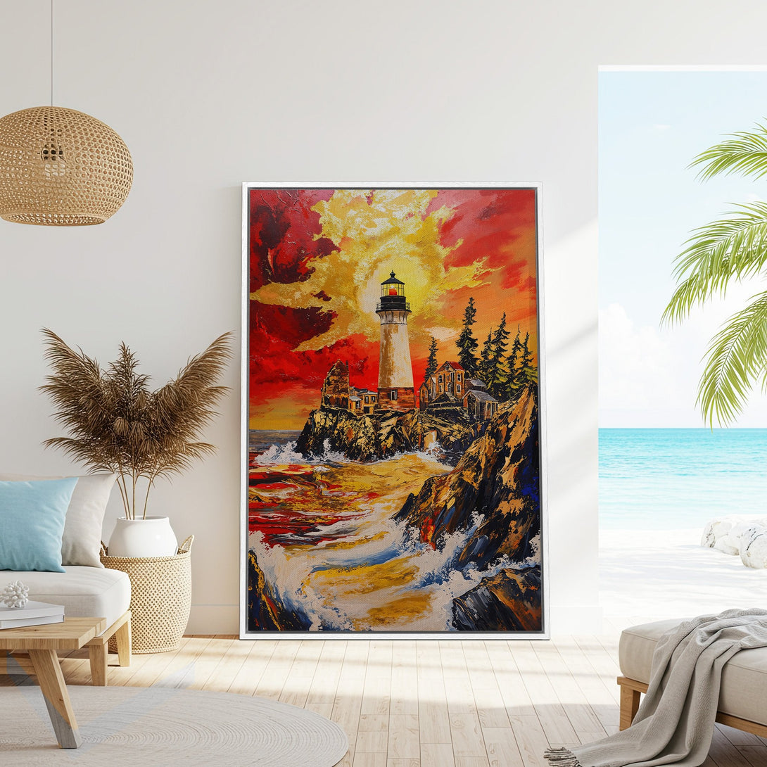Framed Wall Art: Lighthouse painting with vibrant red, yellow, and orange sunset. Coastal artwork in a modern interior. Add a pop of color to your home!