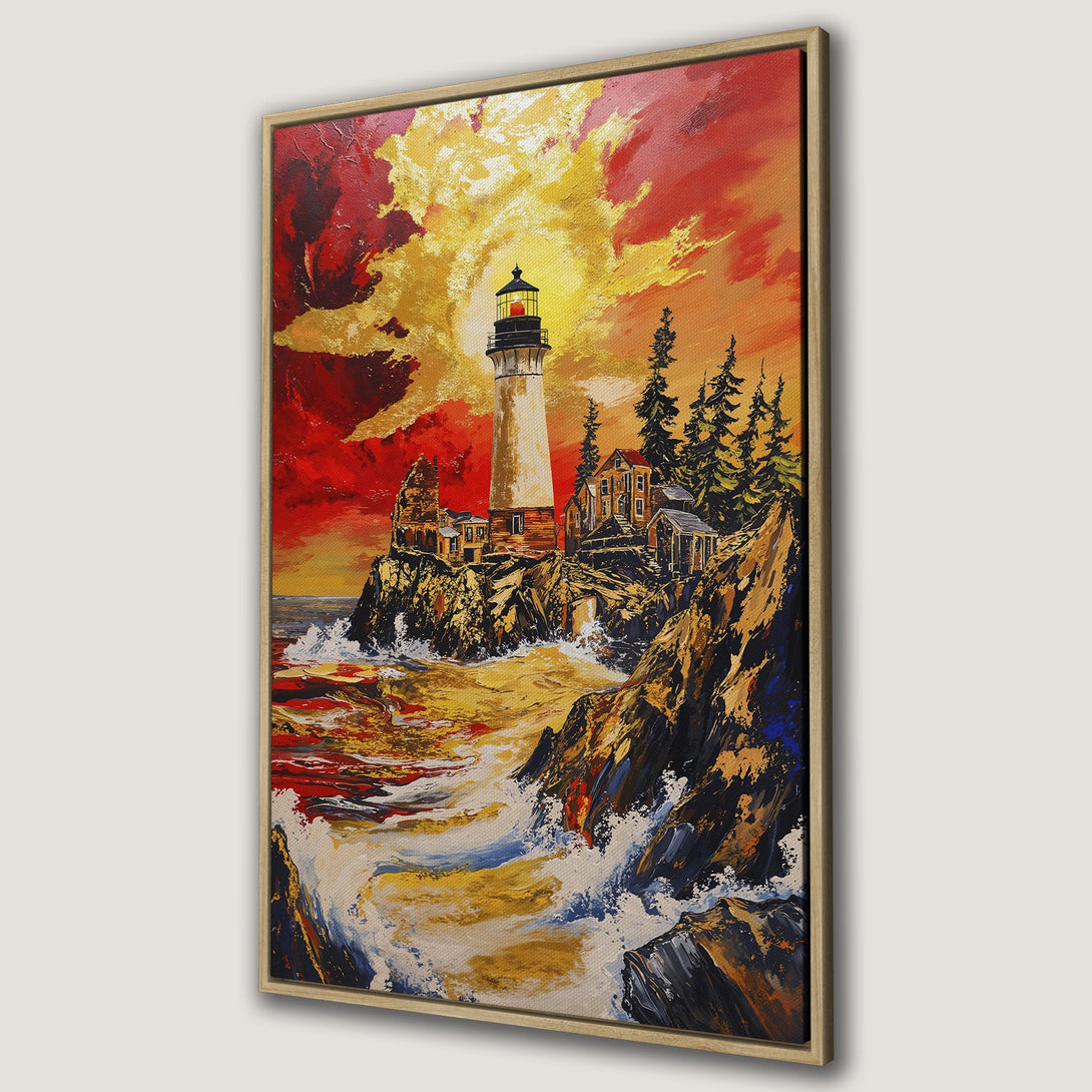 Framed Wall Art: Lighthouse painting with vibrant red, gold, and orange sunset. Coastal scene in an expressive, textured style. Perfect for adding warmth and art to your home.