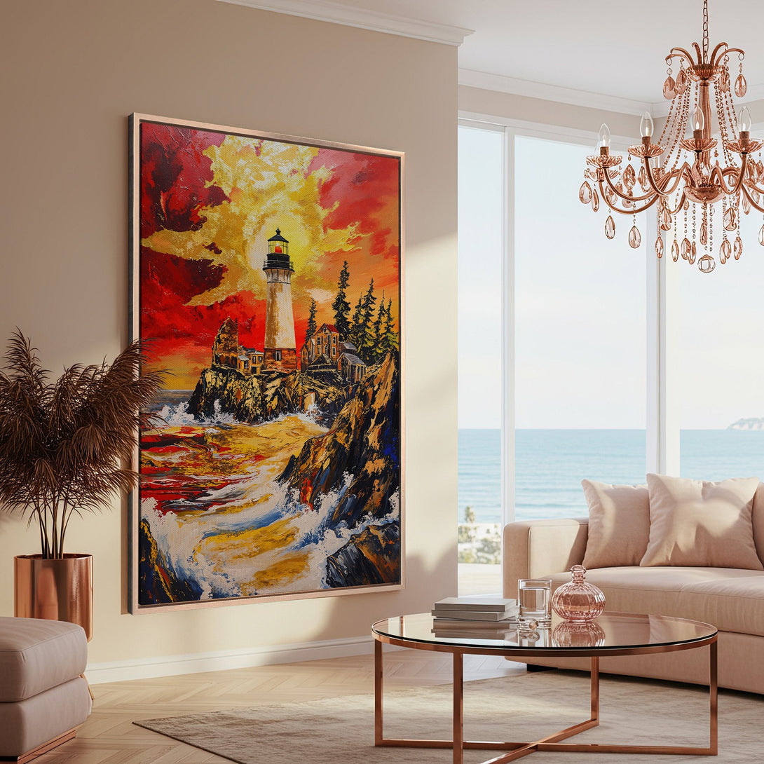 Framed Wall Art: Lighthouse Canvas Print in vibrant red, yellow, and orange hues. Coastal artwork adds a touch of warmth and style to any living room.