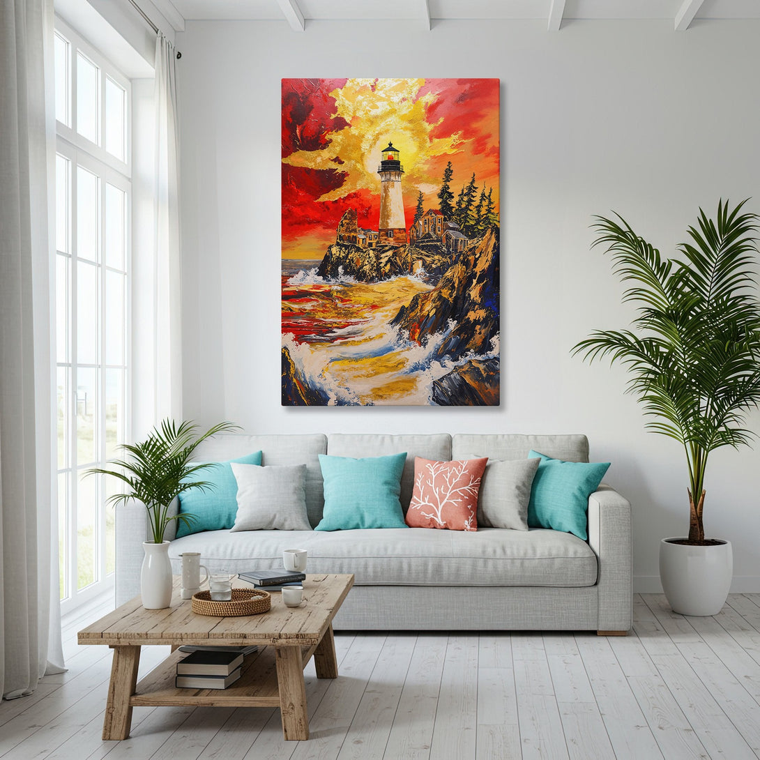Framed Wall Art: Coastal lighthouse painting with vibrant red, yellow, and blue hues. Perfect for adding a touch of artistry to your home decor.