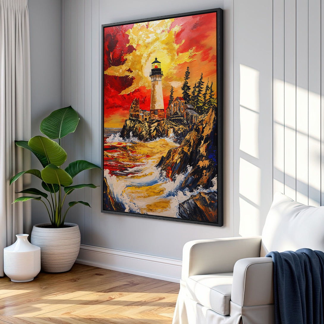 Framed Wall Art: Lighthouse painting with a vibrant red and yellow sunset. Coastal art in a modern interior. Perfect for adding color and style.