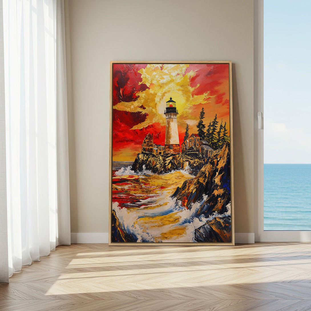Framed Wall Art: Lighthouse painting with vibrant red, orange, and yellow sunset. Coastal art canvas print perfect for living room decor.