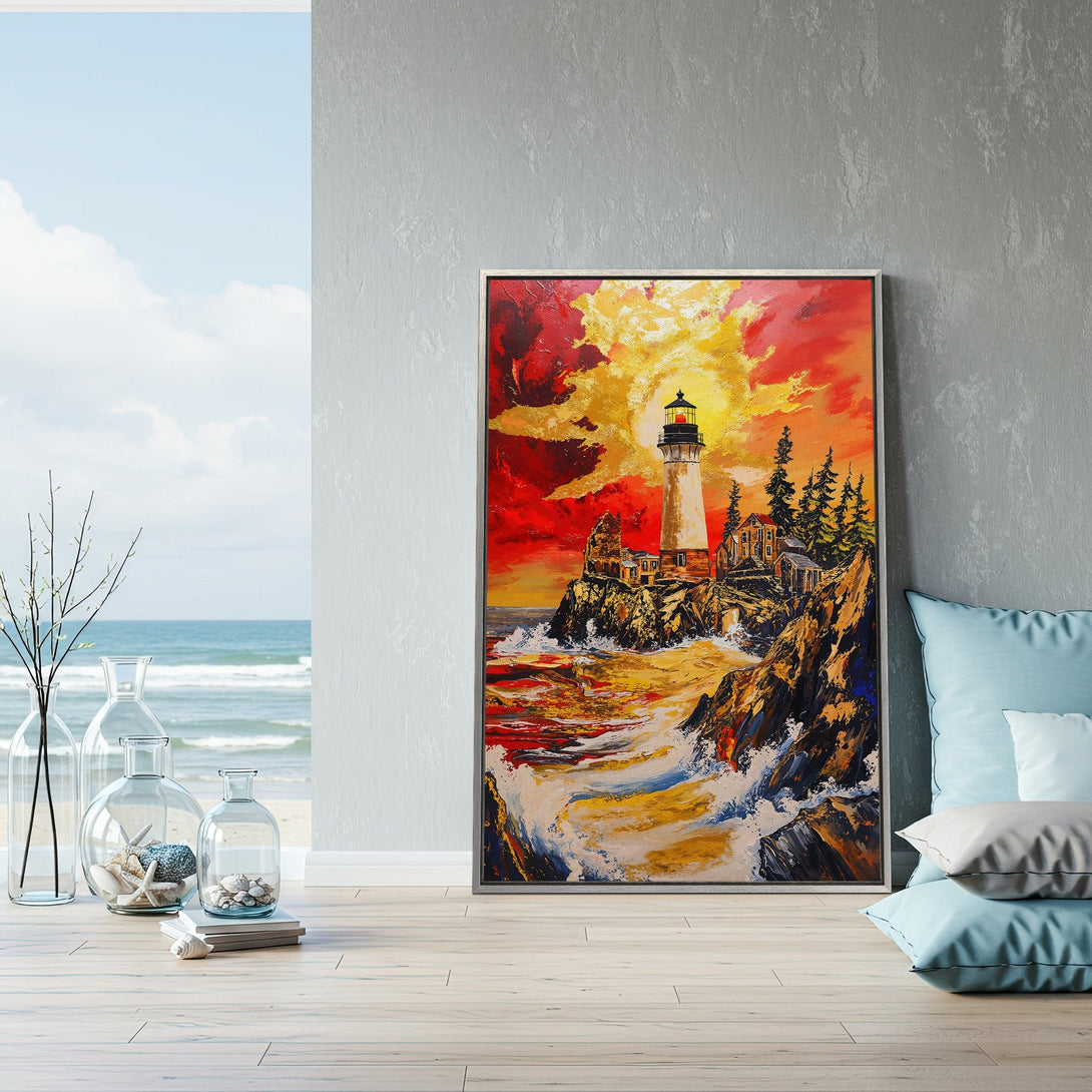 Framed Wall Art: Lighthouse painting with vibrant red/yellow sunset. Coastal art in a modern interior, adding warmth and style.