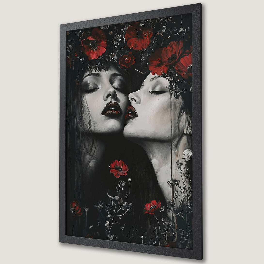 Framed Poster featuring a woman's face adorned with flowers, dark & moody style, rich red, white, and black color palette.