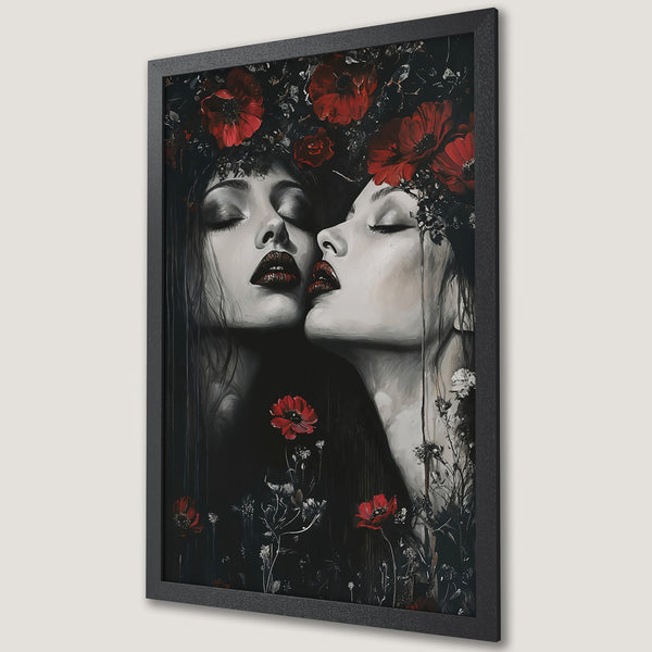 Framed Poster featuring a woman's face adorned with flowers, dark & moody style, rich red, white, and black color palette.