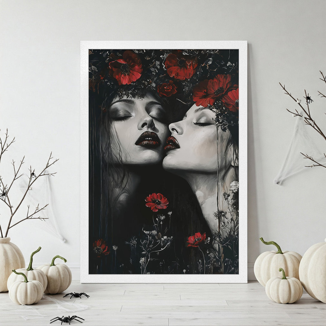 Framed Poster featuring a woman's face surrounded by flowers. Dark, gothic style with a red, white, and black color palette. Add this art to your wall!