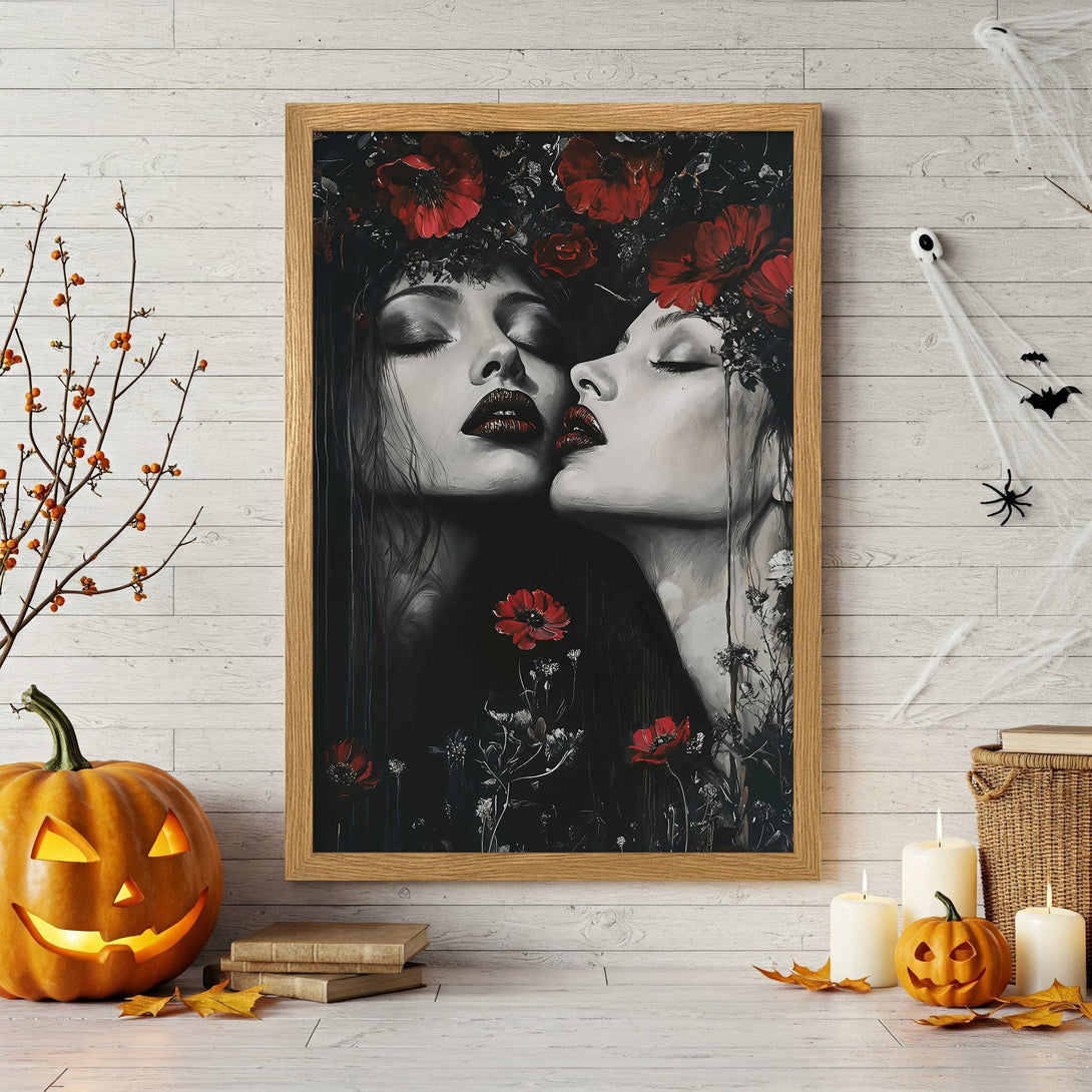 Framed Poster featuring a woman's face with floral crown, dark, moody style, red, white, and black color palette. Perfect Halloween decor!