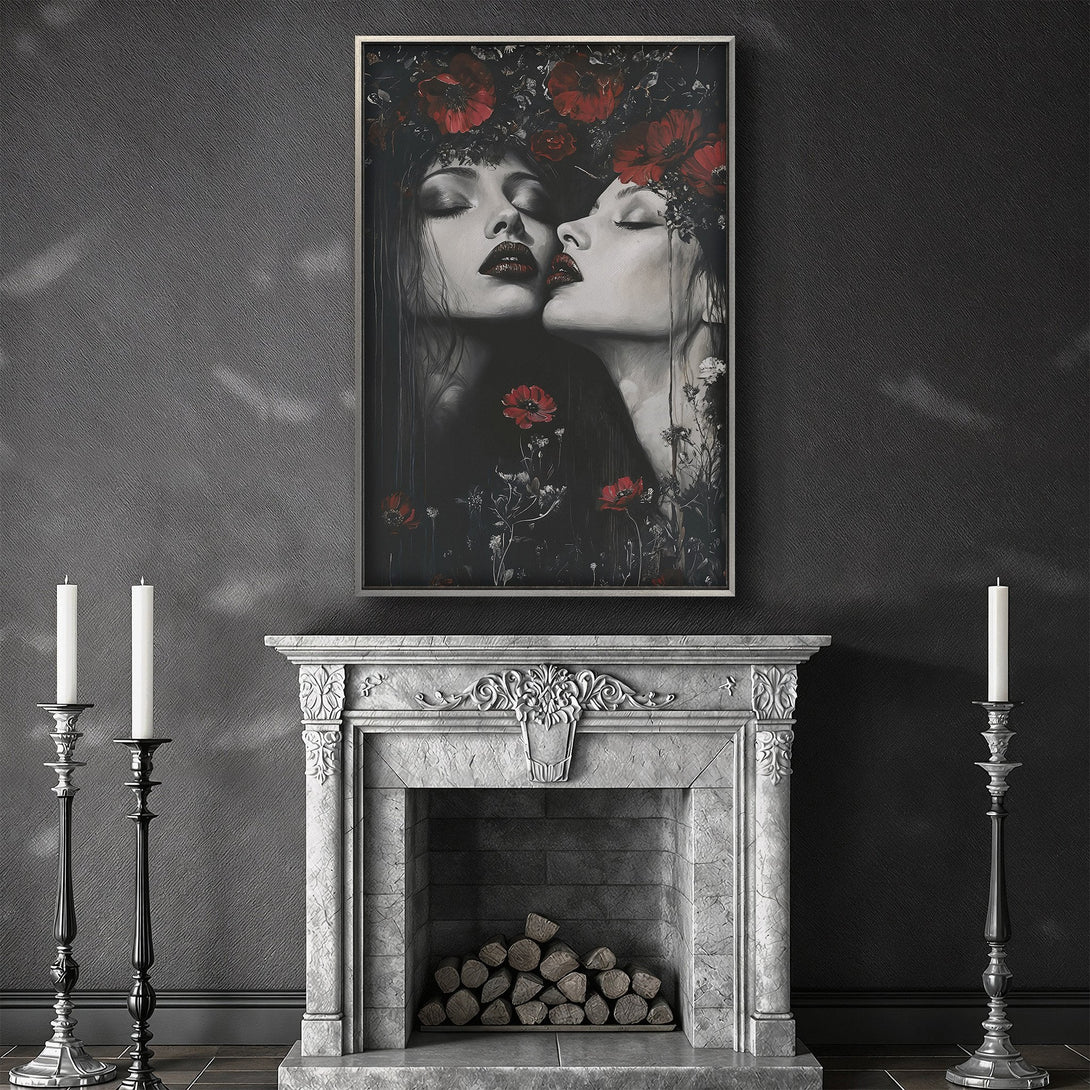 Framed Wall Art featuring a woman's face adorned with flowers, rich red and white floral palette. Dramatic, gothic style canvas print for your home.