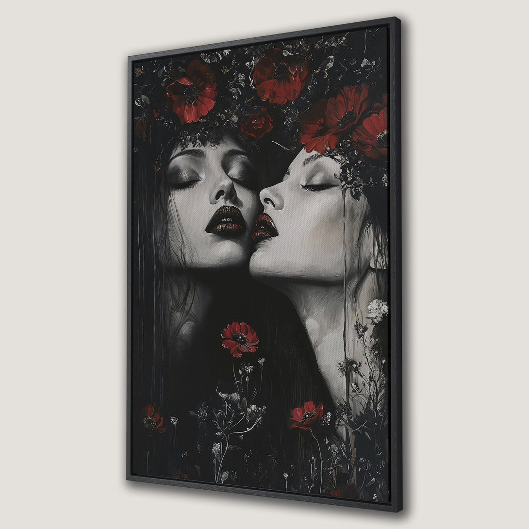 Framed Wall Art: Stunning portrait of a woman adorned with flowers. Dramatic style, rich red and dark color palette. Perfect for adding a touch of elegance.