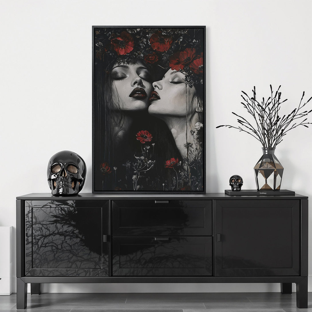 Framed Wall Art featuring a woman's face adorned with flowers. Dark, moody aesthetic with a red, white, and black color palette. Perfect for adding a touch of drama.