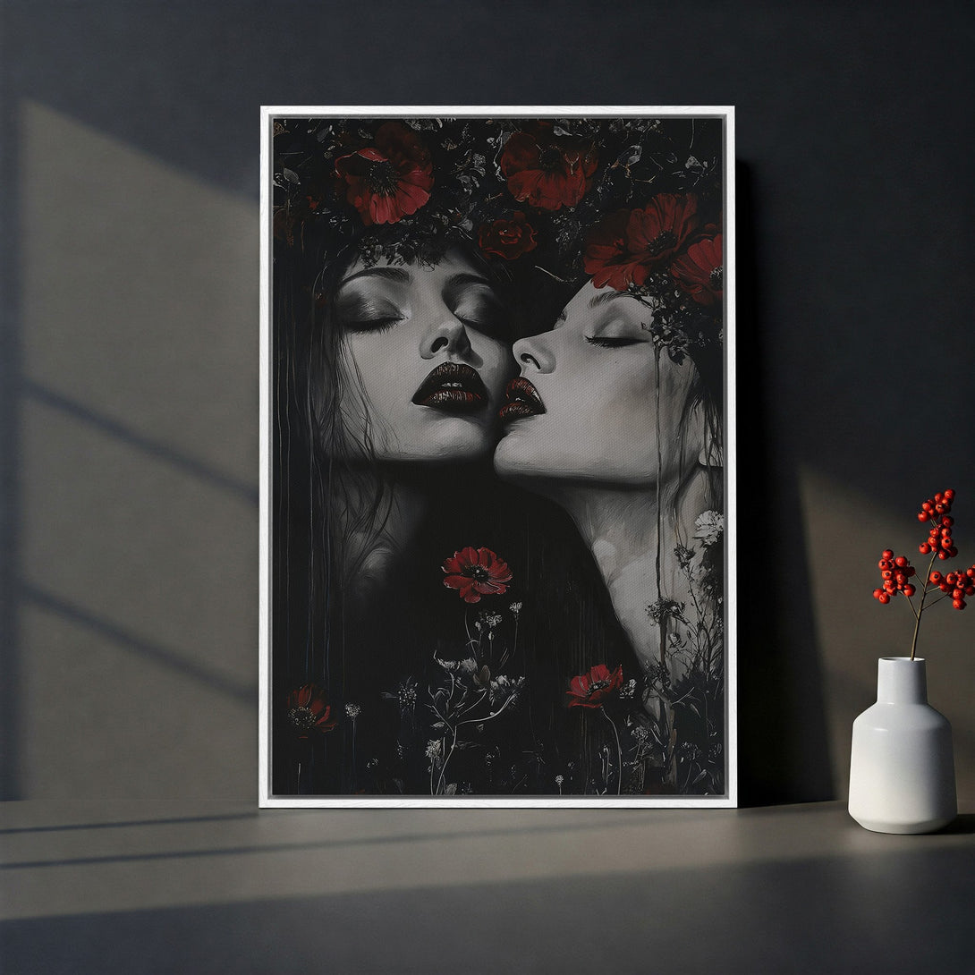 Framed Wall Art: Stunning portrait of a woman adorned with flowers. Dramatic style, rich red and dark color palette. Perfect for adding a touch of elegance.