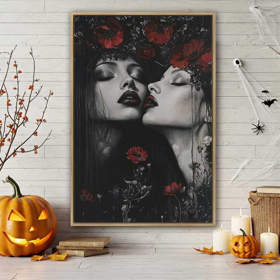 Framed Wall Art featuring a woman's face adorned with flowers, in a dark, romantic style with red, white, and black tones. Perfect for Halloween decor!