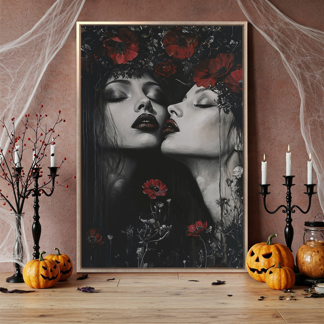 Framed Wall Art: Gothic portrait of a woman with floral crown. Dark, moody color palette with red, white, and black. Perfect for Halloween decor.
