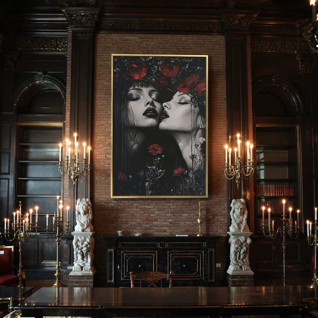 Canvas Print: Gothic floral portrait with a dark, moody aesthetic. Features a woman's face surrounded by flowers, in red and white hues.