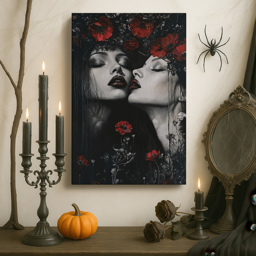 Framed Wall Art: Surreal floral portrait in a luxurious interior. Dark, moody color palette with red, white, and black tones. Enhance your space with art.