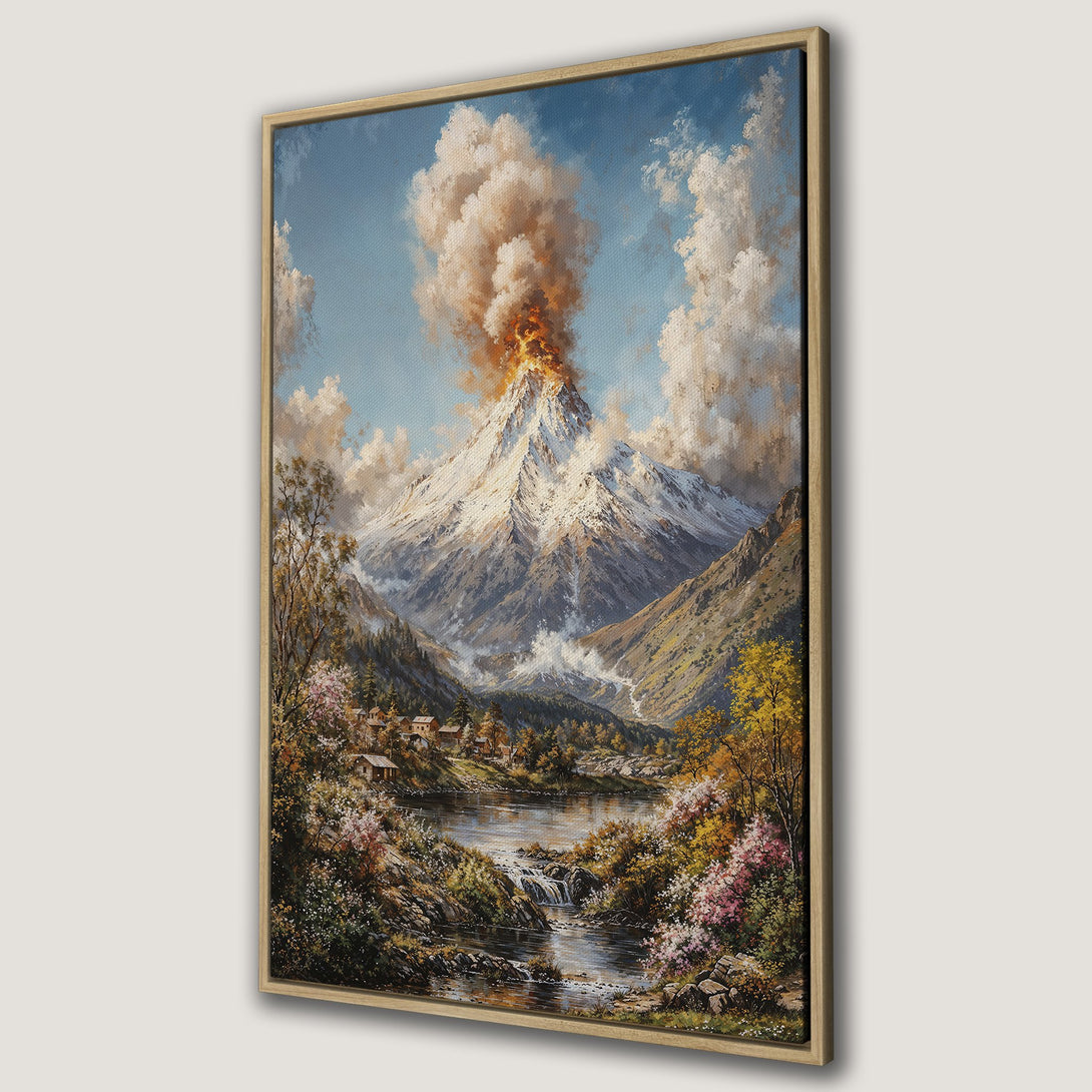 Framed Wall Art of erupting volcano landscape in vibrant colors. A stunning canvas print for your home decor.