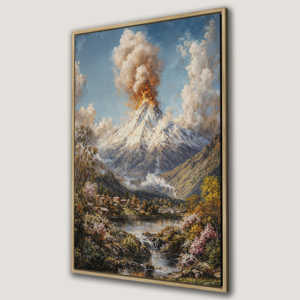 Framed Wall Art of erupting volcano landscape in vibrant colors. A stunning canvas print for your home decor.