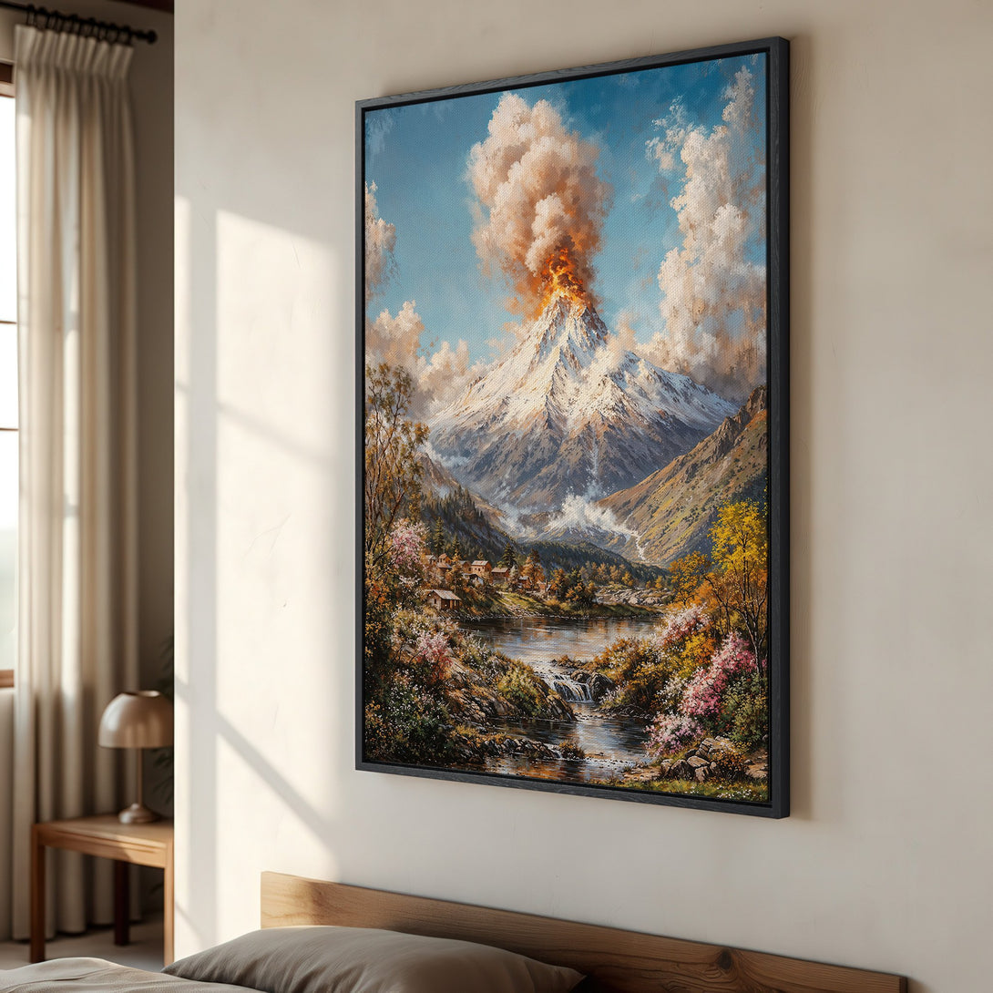 Framed Wall Art: Mountain landscape canvas print with vibrant colors. Stunning volcano art in a warm, inviting color palette. Perfect for home decor!