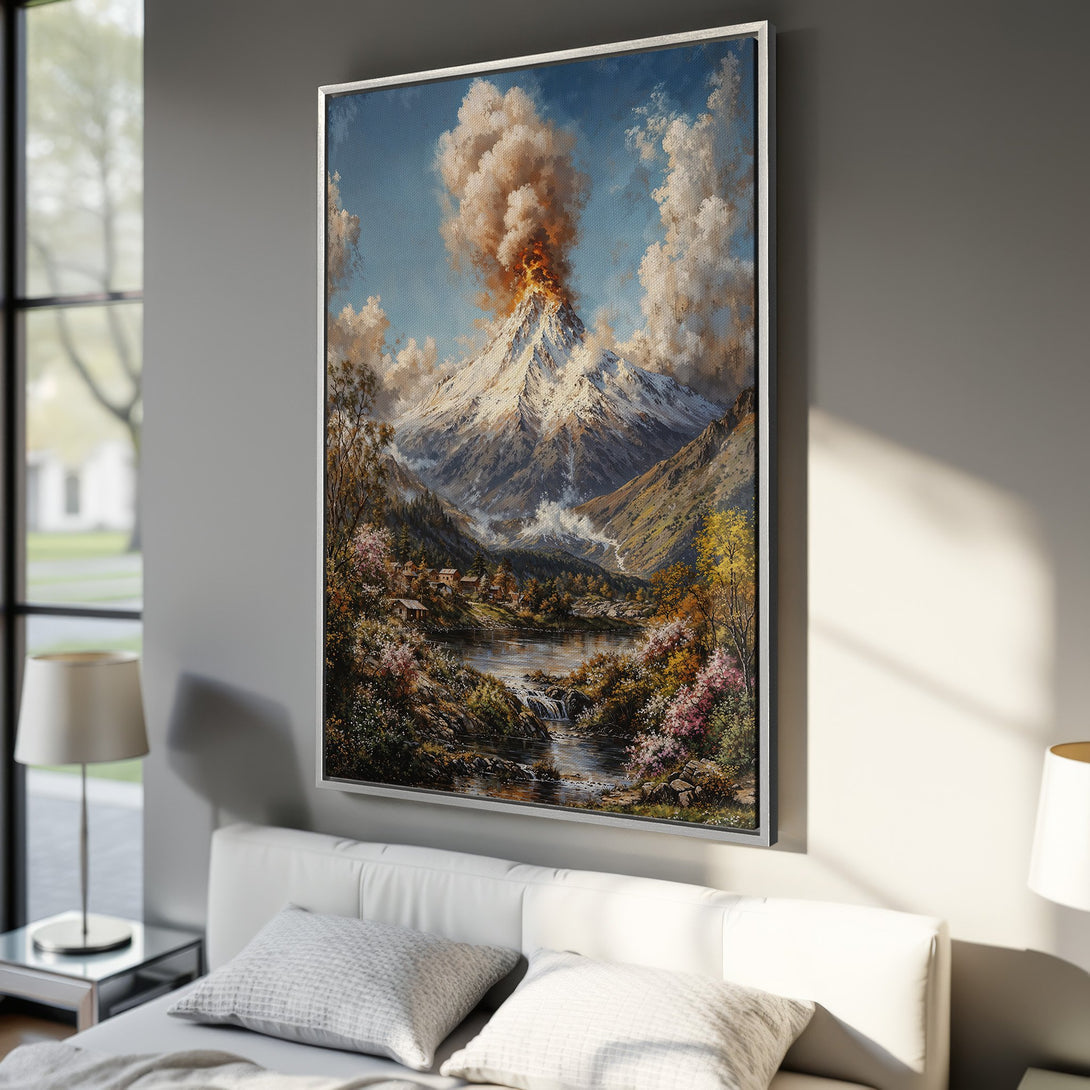 Framed Wall Art: Majestic volcano landscape painting in warm, earthy tones. Add a touch of nature's beauty to your space with this stunning canvas print.