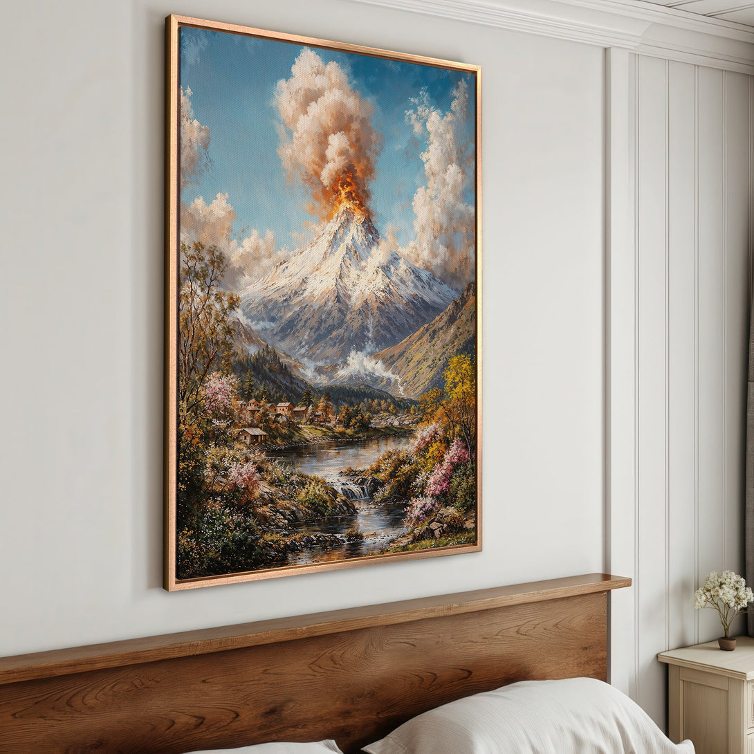 Framed Wall Art: Landscape painting of a volcano erupting with a vibrant blue, orange, and green color palette, perfect for adding art to your home.