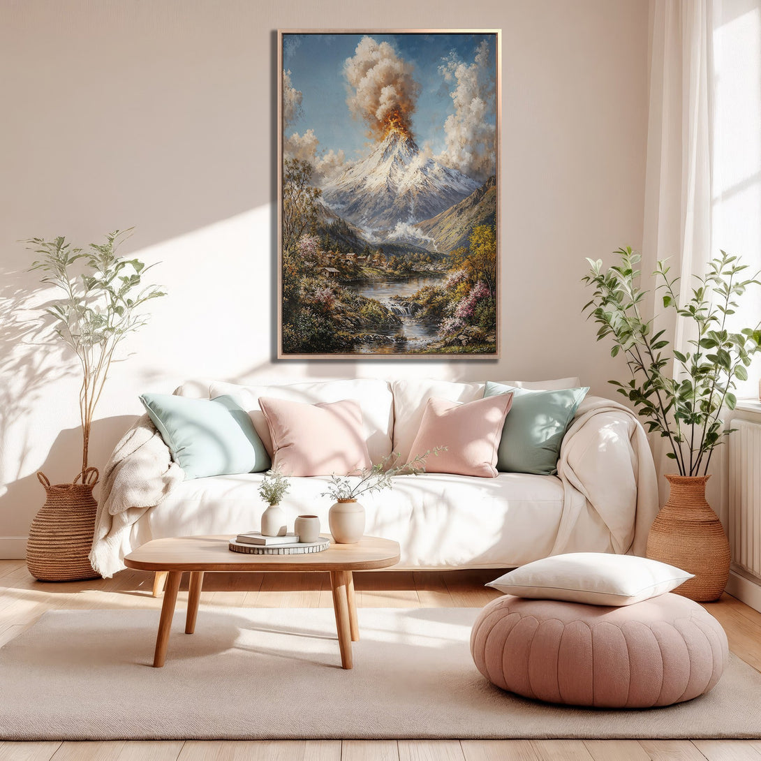 Framed Wall Art: Stunning landscape Canvas Print of a mountain volcano, warm color palette, perfect for living room decor.