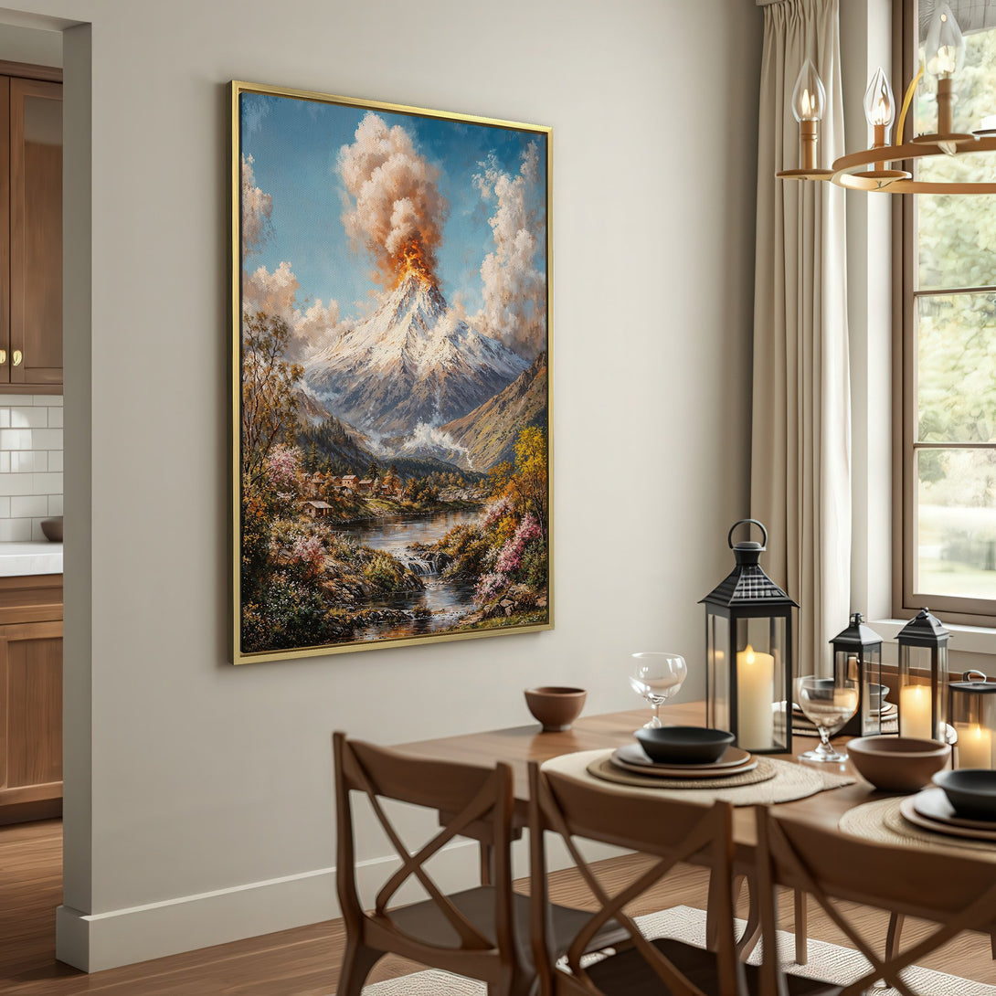 Canvas Print of a mountain landscape with volcano, showcasing a warm, earthy color palette. Perfect for rustic home decor.