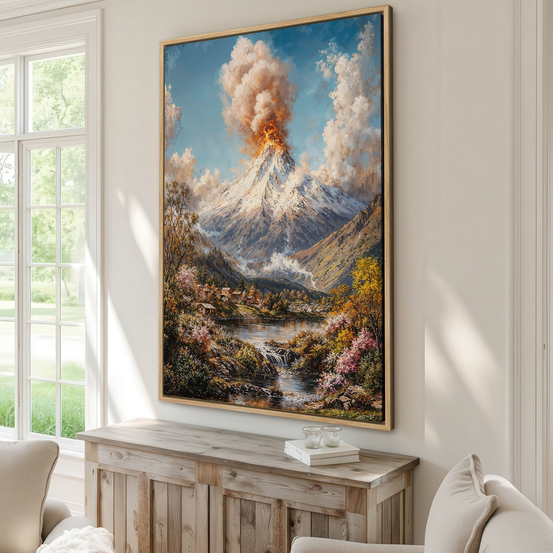 Framed Wall Art: Volcano landscape painting with vibrant colors. Perfect for adding a touch of nature-inspired art to your home decor.