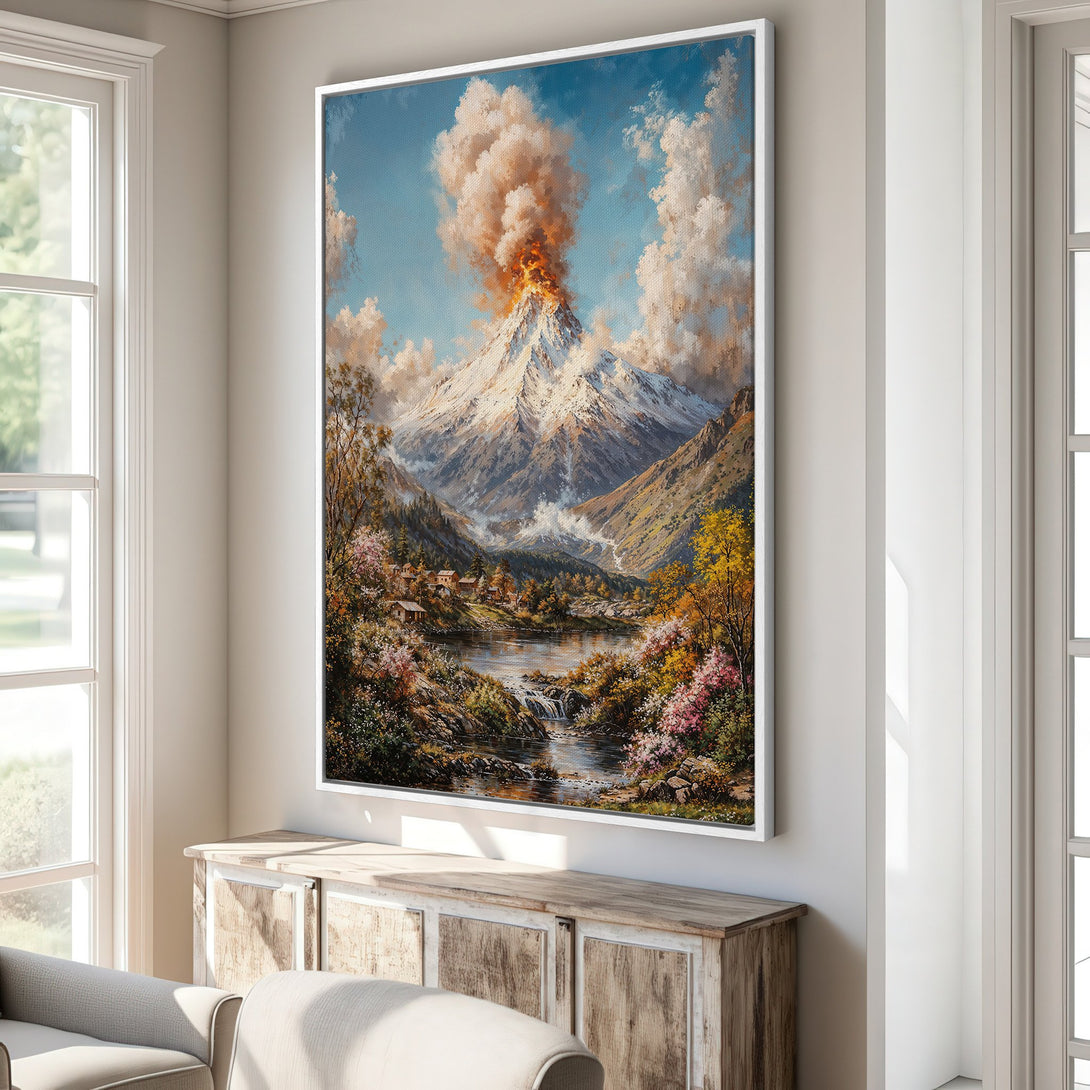 Framed Wall Art: Stunning volcano landscape canvas print in warm, earthy tones. Perfect for adding a touch of nature and elegance to any room. Shop now!