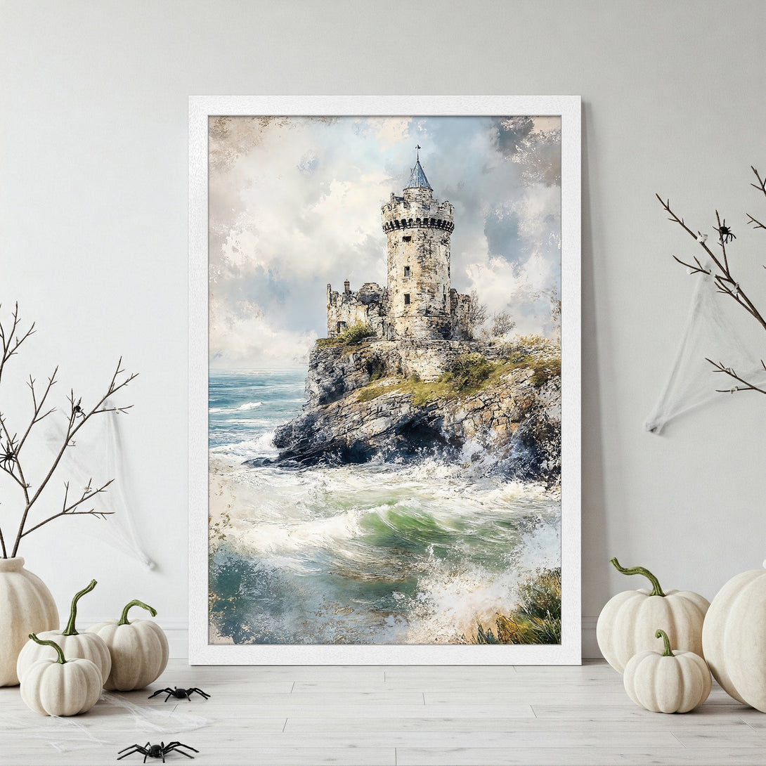 Framed Poster of a castle on a cliff, watercolor style, with a blue, green, and beige color palette. Perfect wall art for your home!